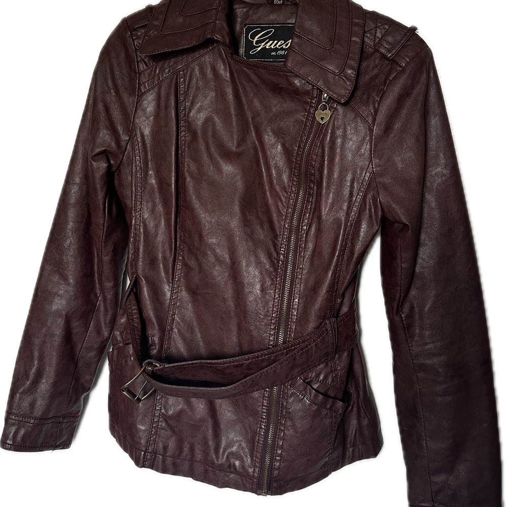 Vintage Guess Maroon Moto Faux Leather Jacket
